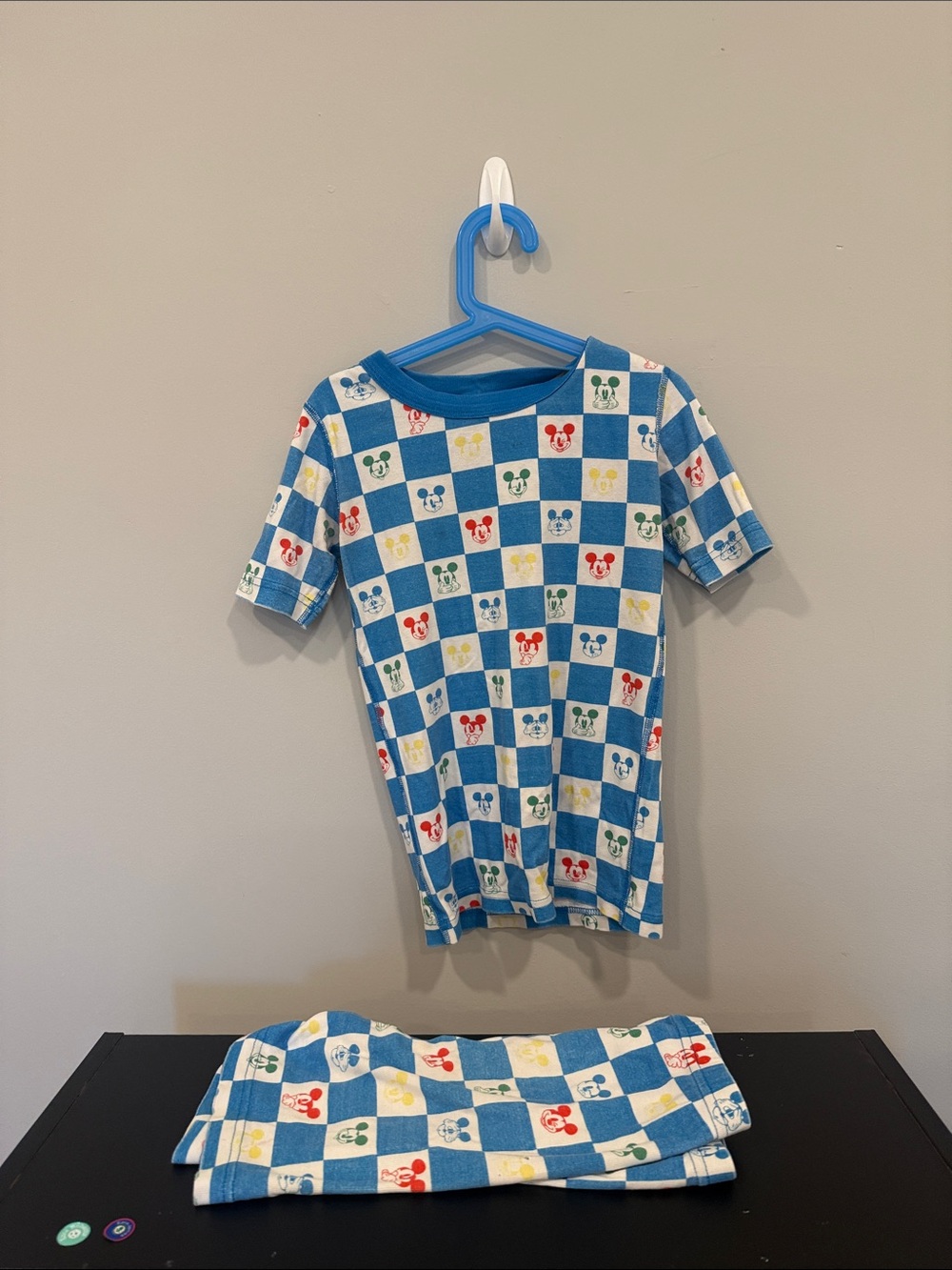 Disney Blue Checkered Kids Pajama Set with Multicolor Character Accents